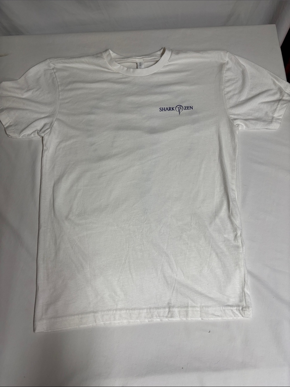 Shark Zen White Graphic T-Shirt Blue Shark Logo Short Sleeve Tee
